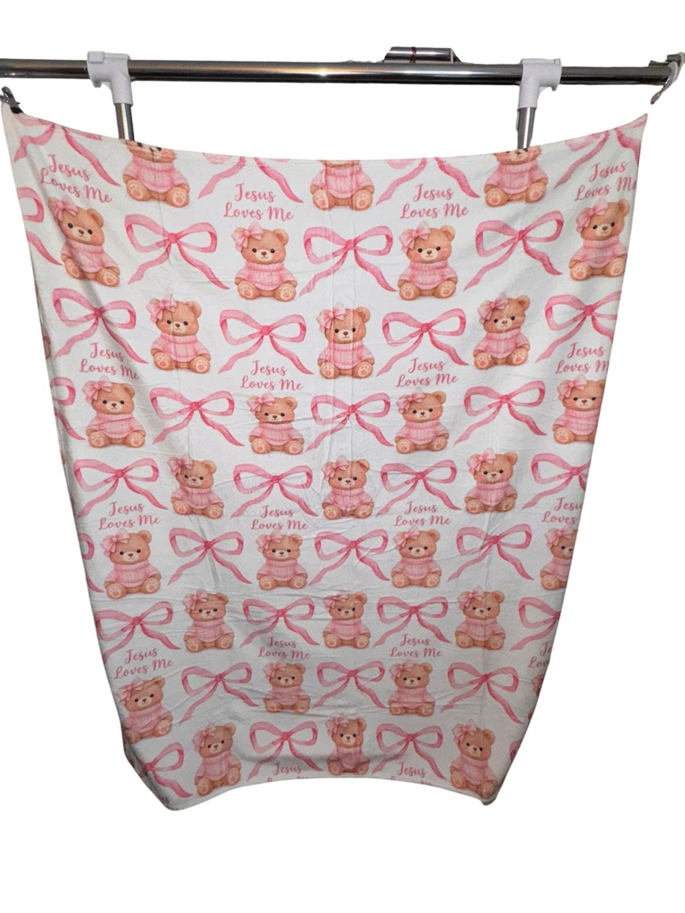 Jesus Loves Me with Pink Teddy & Bows 50x60 Minky Plush Blanket